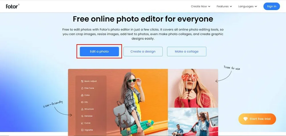 Fotor online photo editor interface