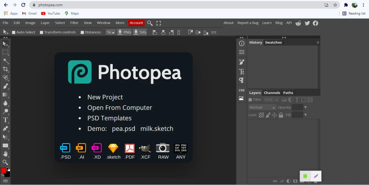 Accessing the Photopea dashboard in a browser