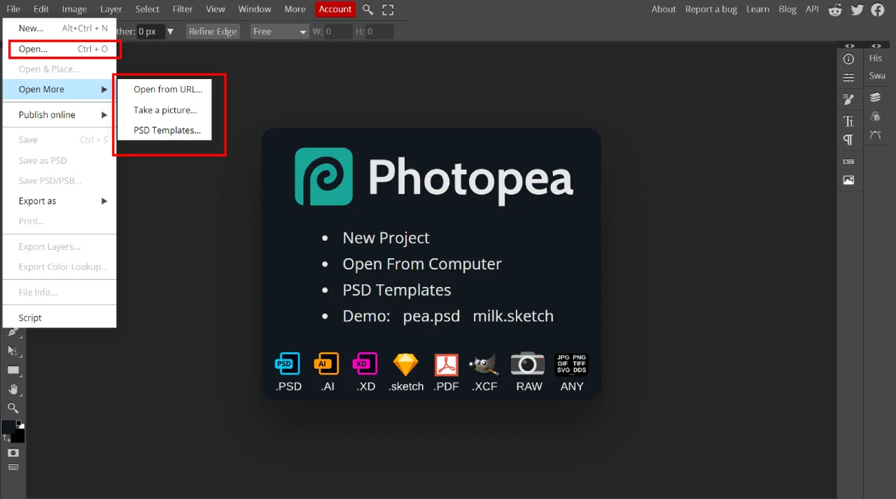 Importing an image into Photopea