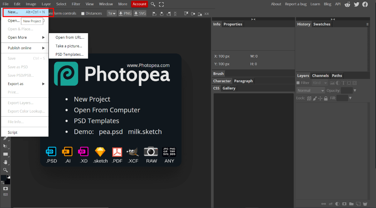 Photopea new project create