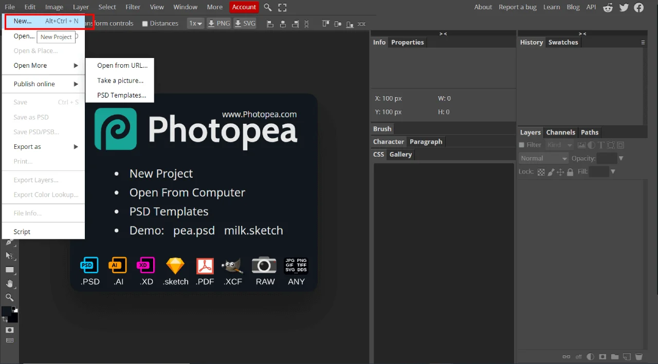 Создать новый проект Photopea